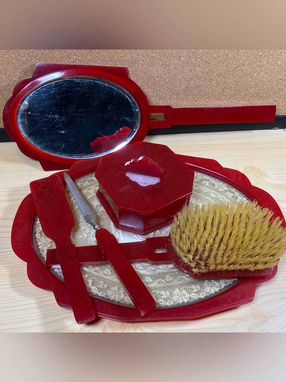 Valentine Red Marbled Bakelite Vanity Dresser Set Art Deco Mirror Brush Vtg 6-Pc